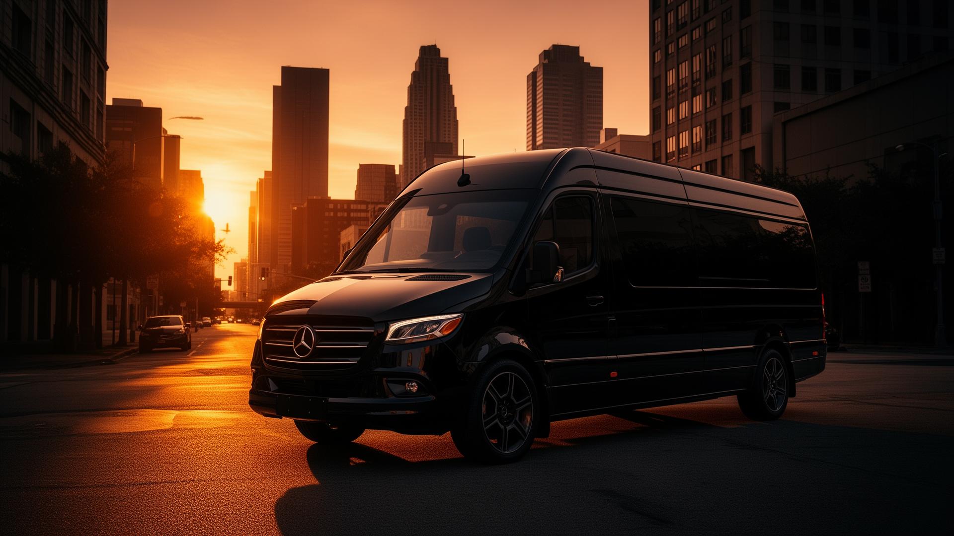 SOL Executive Transport luxury black van at Houston sunset