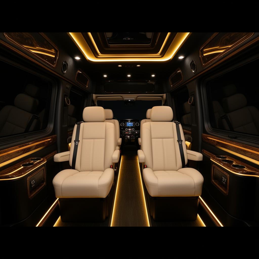 Luxury executive vehicle interior with ambient gold lighting